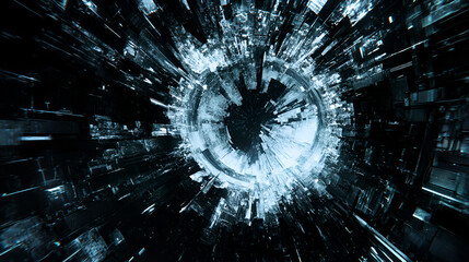 Wall Mural - dynamic abstract visualization of a futuristic cityscape glowing in black and white during a digital