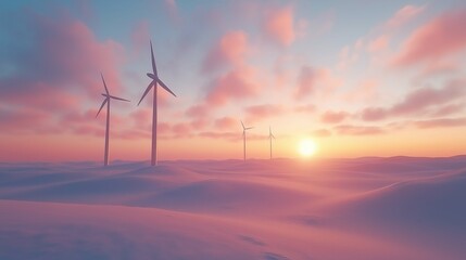 Wind farm in 3D with rotating turbines, minimalist sky backdrop.