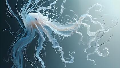 Wall Mural - Ethereal ghost drifting with translucent tendrils in serene shades of blue and white