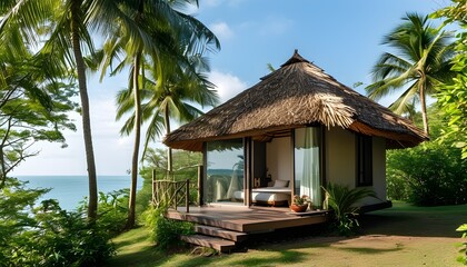 Wall Mural - Tropical paradise retreat with a thatched roof hut and a cozy bed for ultimate relaxation