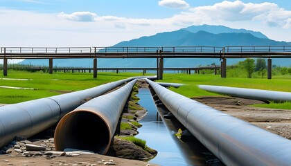 Wall Mural - Web of pipelines facilitating efficient water distribution across diverse landscapes