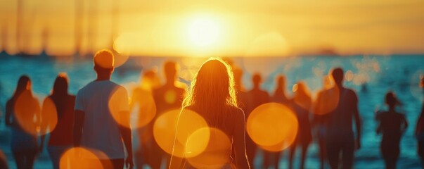 Wall Mural - Silhouettes of people walking on the beach during sunset.