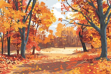 Autumn Forest Landscape with Orange and Yellow Leaves