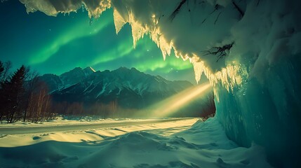 Aurora Borealis Over Snow Covered Mountains