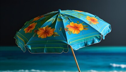 Wall Mural - Teal Beach Umbrella Against a Dark Backdrop