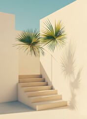 Canvas Print - Minimalist Staircase with Palm Trees and Shadows