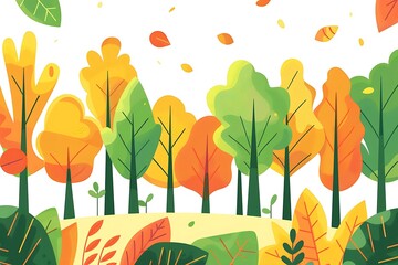 Wall Mural - Autumn Forest Illustration With Falling Leaves