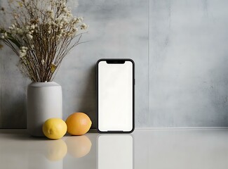 Poster - White Blank Screen Mobile Phone Mockup with Lemons and Dry Flowers on Table