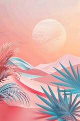 Poster - Abstract Tropical Sunset Landscape Illustration With Palm Trees