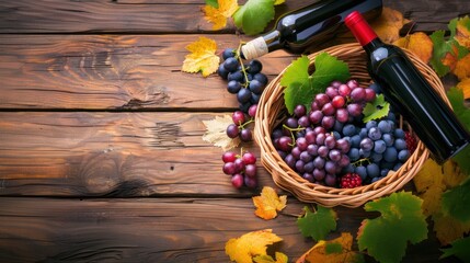 Wall Mural - Fresh grape, grape wine bottle over texture background