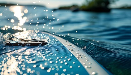 Sparkling droplets on a paddle glistening in clear blue water under the summer sun, with a glimpse of paddleboard in the background