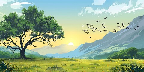 Wall Mural - Sunrise Over Mountain Landscape with Green Trees