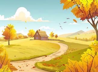 Wall Mural - Autumn Landscape With Cabin And Winding Road