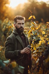 Wall Mural - A fashionable male holding a glass of wine in grape plantation field