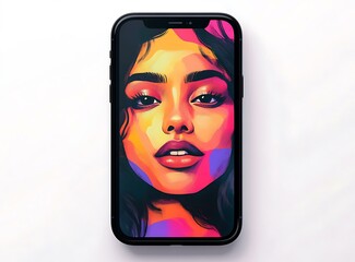 Colorful Digital Portrait of a Woman on a Smartphone