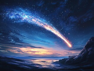 comet streaking across a starry night sky, celestial glow time, awe-inspiring and cosmic event, evok