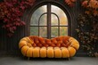 © Rebecca Jestico - Halloween pumpkin sofa backdrop, digital photography resource. Large window with a view, autumn, fall scenery.