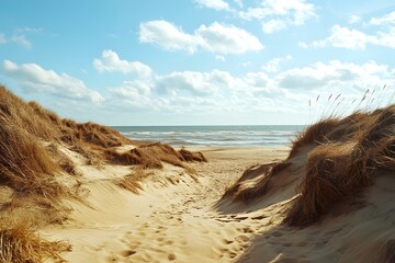 Sandy Beach Path with Lush Grass and Blue Sky