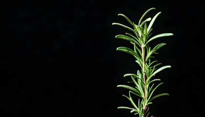 Vibrant sprig of fresh rosemary on black background, ideal for culinary and medicinal applications