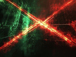 Wall Mural - Diagonal laser grid intersecting at sharp angles, bright green and red hues.