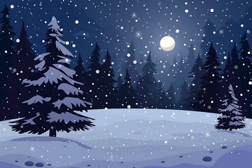 Sticker - Snowy Night Forest Illustration with Full Moon and Falling Snow