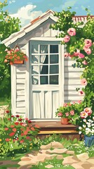 Wall Mural - White Cottage Doorway with Flowers