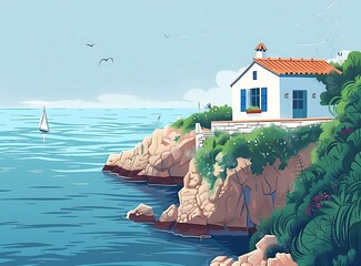 Poster - Coastal House with Blue Sky and Sailboat