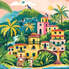 Wall Mural - Tropical Island Village Illustration With Palm Trees And Buildings