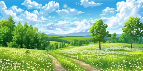 Wall Mural - Summer Landscape with Green Meadow and Forest