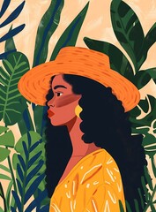 Poster - Woman with Hat in Tropical Foliage