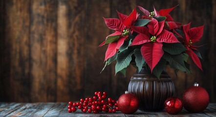 Poster - Poinsettia arrangement with red ornaments on a wooden table during the holiday season