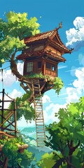 Wall Mural - Japanese Style Treehouse with Ladder Illustration