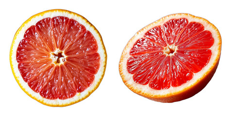 ruby red grapefruit halves , close-up view of two fresh grapefruit halves, revealing the vibrant red