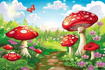 Wall Mural - Cartoon Forest Illustration With Red Mushrooms And Butterfly