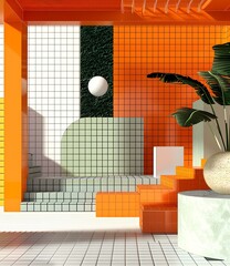 Wall Mural - Abstract Minimalist Geometric Interior Design With Orange Green And White Tiles