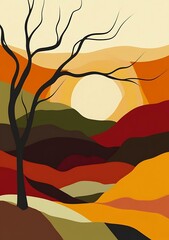 Wall Mural - Abstract Landscape with Tree and Sunset