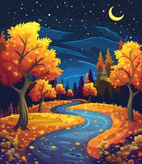 Wall Mural - Autumn Forest River Night Sky Illustration