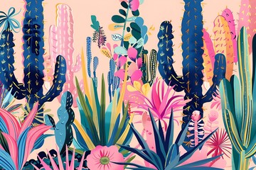 Wall Mural - Colorful Illustration of Cactus Garden