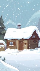 Sticker - Snowy Cabin in the Winter Forest Illustration