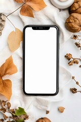 Wall Mural - Blank Screen Smartphone Mockup with Fall Foliage and Nuts