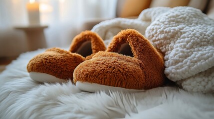 Wall Mural - Cozy slippers resting on a plush rug in a warm and inviting indoor setting during the day