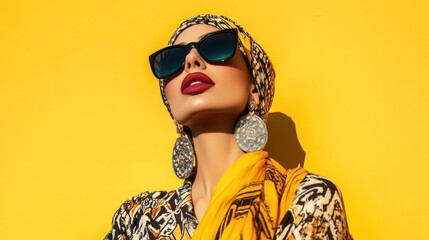 A woman wearing a colorful dress and a turban with gold earrings and sunglasses