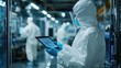 © Pannin - Protective-suited specialists in a factory plant inspect machinery, using a tablet to document potential hazards and contamination risks in the workplace.