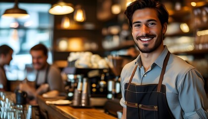 Wall Mural - Smiling Barista in Coffee Shop Showcasing Hospitality and Confidence