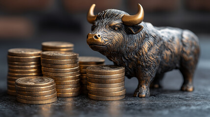 Bull figurine with stacked coins, bull market financial concept