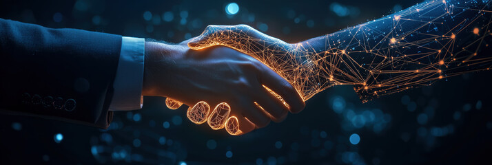 close up of two hands shaking, one hand is digital and other is human, symbolizing connection