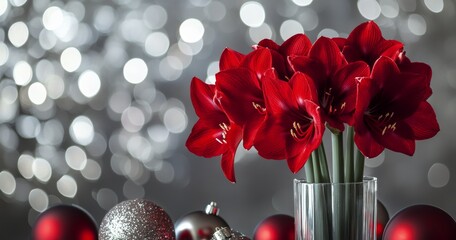 Poster - Red amaryllis flowers in a glass vase surrounded by holiday ornaments