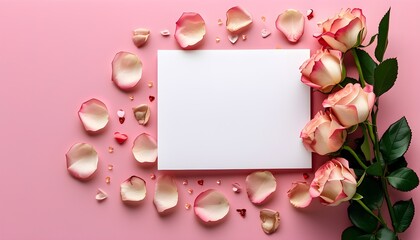 Wall Mural - Valentines Day card with rose and petals on pink background for anniversary message template or romantic gift mockup