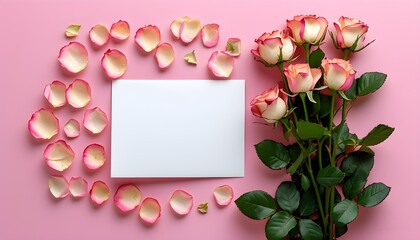 Wall Mural - Valentines Day card with rose and petals on pink background for anniversary message template or romantic gift mockup