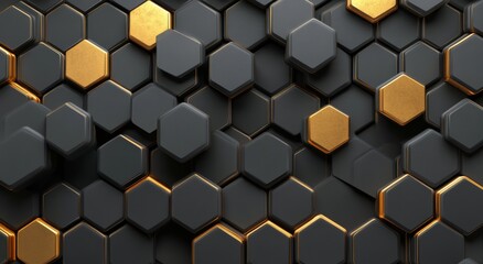 Wall Mural - Geometric pattern of hexagons in black and gold on a textured surface with dramatic lighting